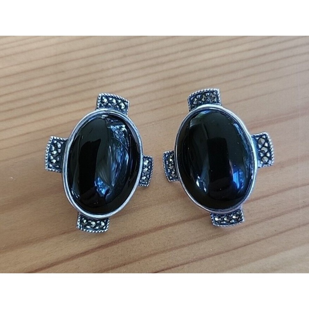 Judith Jack JJ Sterling Silver 925 Black Onyx Cabochon Marcasite Stud Earrings